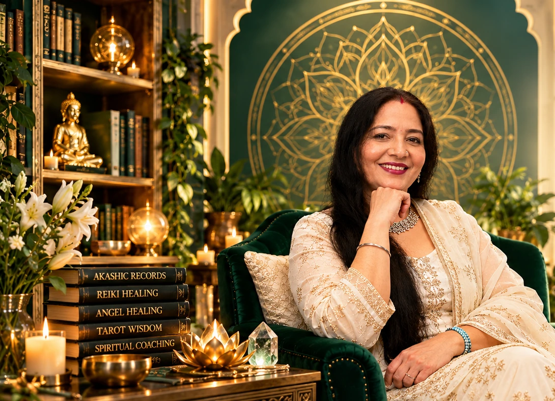 A serene emerald-and-gold spiritual learning space representing Sacred Academy KK