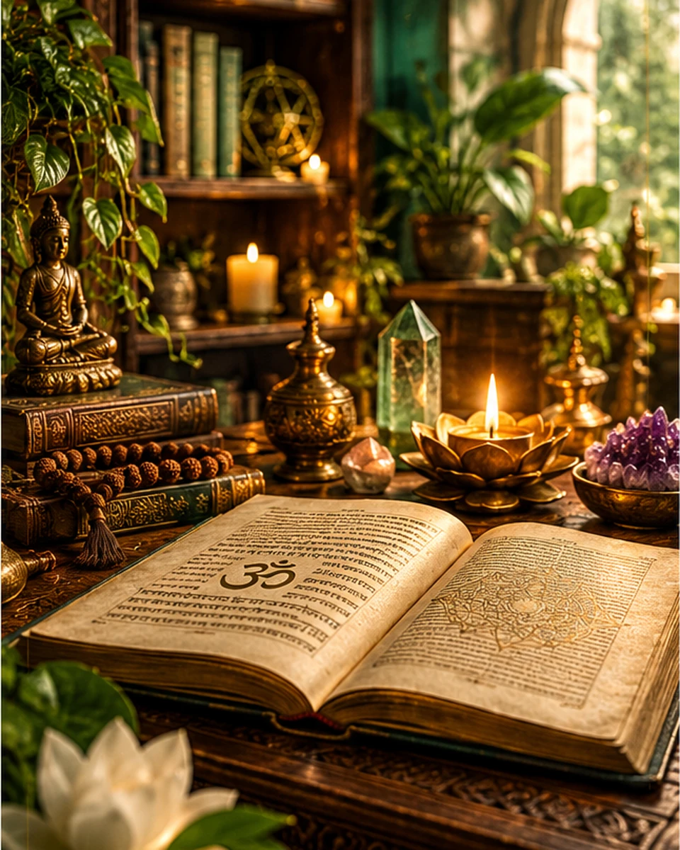 Open sacred book, spiritual texts, candlelight and brass objects in a calm emerald-green study space